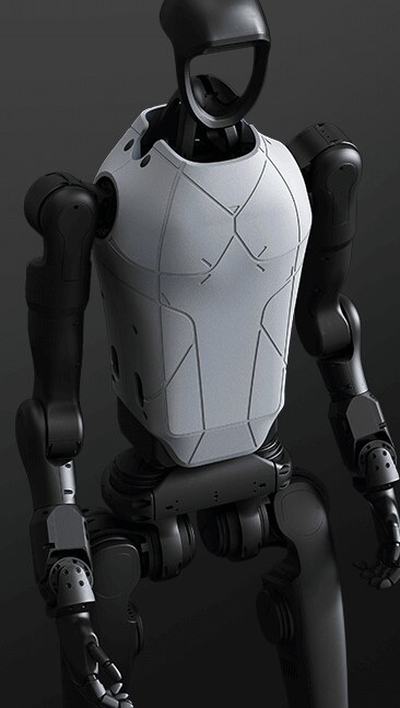 Unitree H1, robot humanoïde adulte — torse blindé blanc sur corps noir
